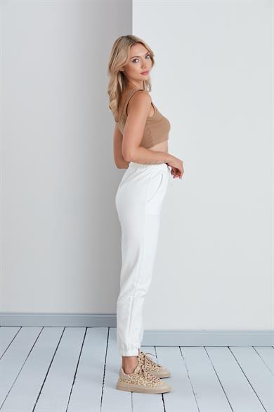Düz Model Lastikli Paça Penye Eşofman Altı Ekru