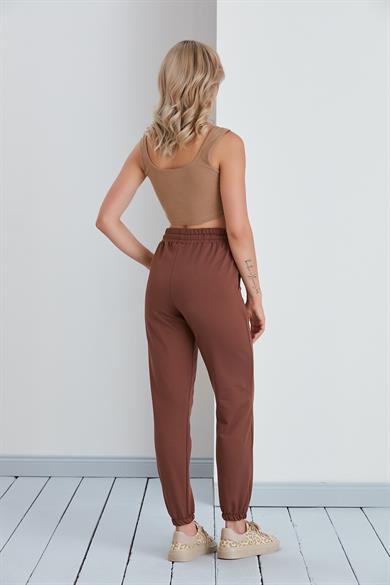 Düz Model Lastikli Paça Penye Eşofman Altı Kahverengi
