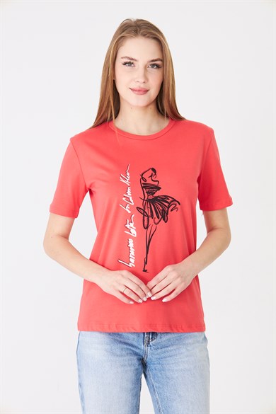 Eteği Tül Detaylı Silüet Baskılı Basic Tshirt Mercan