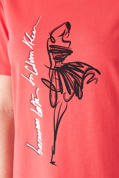 Eteği Tül Detaylı Silüet Baskılı Basic Tshirt Mercan