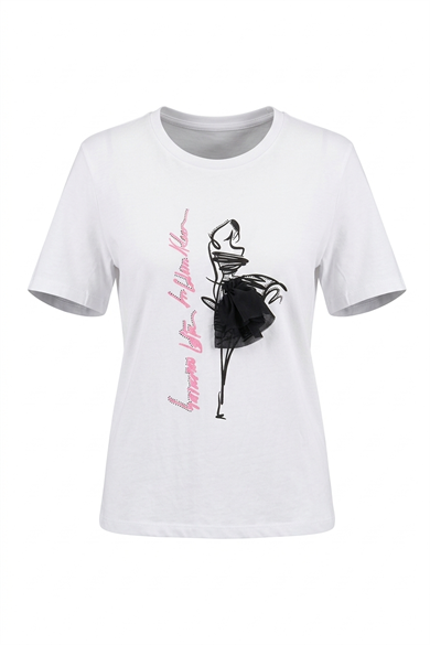 Eteği Garnili Kız Baskılı Taşlı Tshirt Beyaz