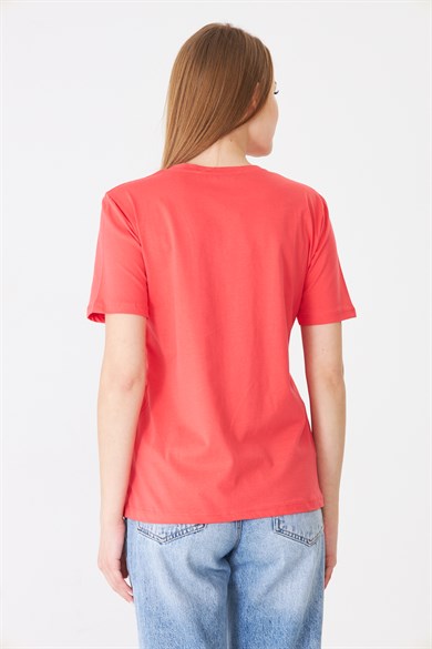 Eteği Tül Detaylı Silüet Baskılı Basic Tshirt Mercan