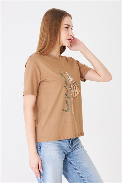 Eteği Tül Detaylı Silüet Baskılı Basic Tshirt Kapiçino