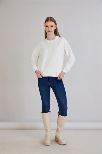 Eteği Üç Düğmeli Sweatshirt Ekru