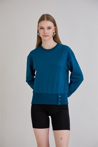 Eteği Üç Düğmeli Sweatshirt Petrol