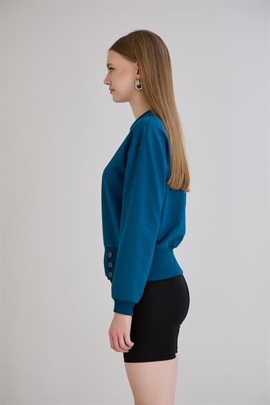Eteği Üç Düğmeli Sweatshirt Petrol