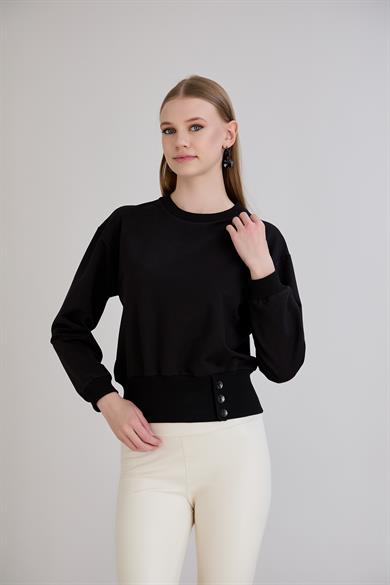 Eteği Üç Düğmeli Sweatshirt Siyah