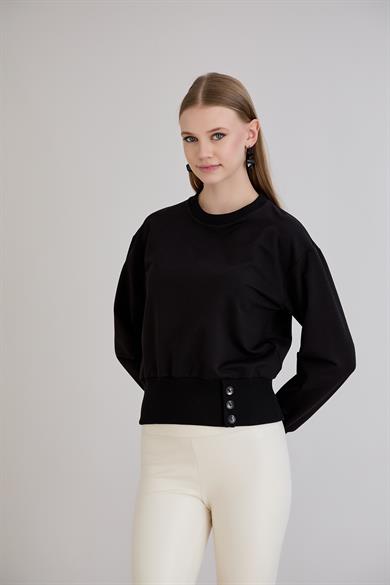 Eteği Üç Düğmeli Sweatshirt Siyah