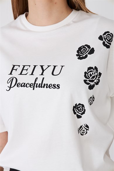 FEIYU Peacefulness Gül Baskılı Rahat Kalıp Basic Tişört Ekru