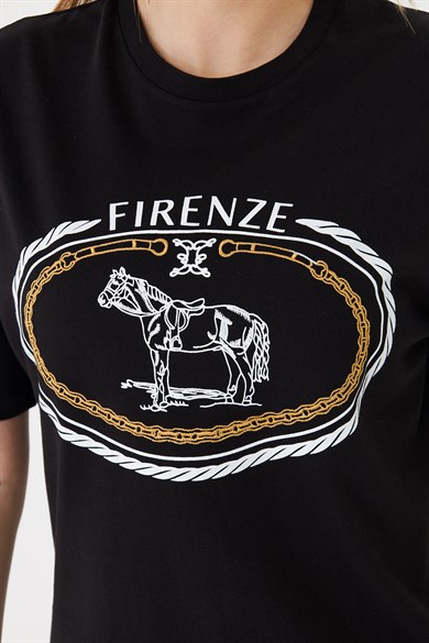 Firenze At Baskılı Rahat Kalıp Basic Tişört Siyah