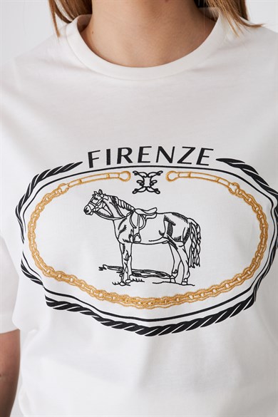 Firenze At Baskılı Rahat Kalıp Basic Tişört Ekru