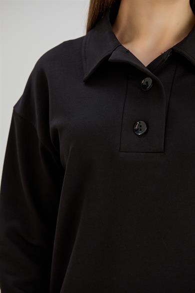 Geniş Patlı İki İplik S-Shirt Siyah