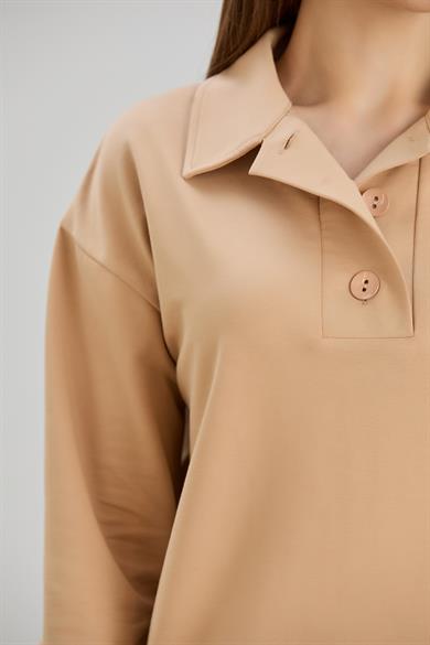 Geniş Patlı İki İplik S-Shirt Vizon