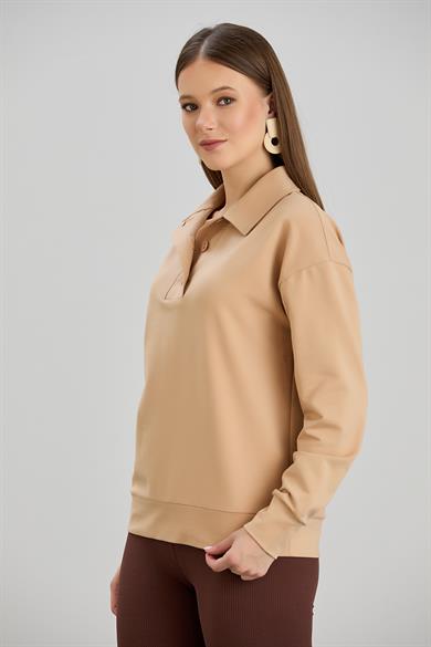 Geniş Patlı İki İplik S-Shirt Vizon