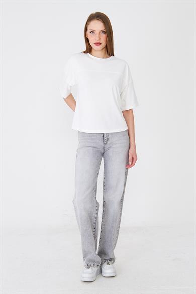 Göğüs Panelli Rahat Kalıp Basic Tshirt Ekru