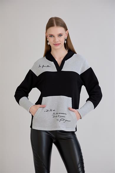 Kanguru Cepli Triko Garnili Sweatshirt Siyah