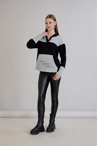 Kanguru Cepli Triko Garnili Sweatshirt Siyah