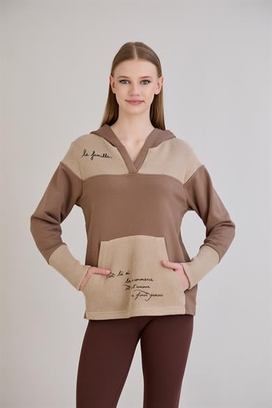 Kanguru Cepli Triko Garnili Sweatshirt Kahverengi