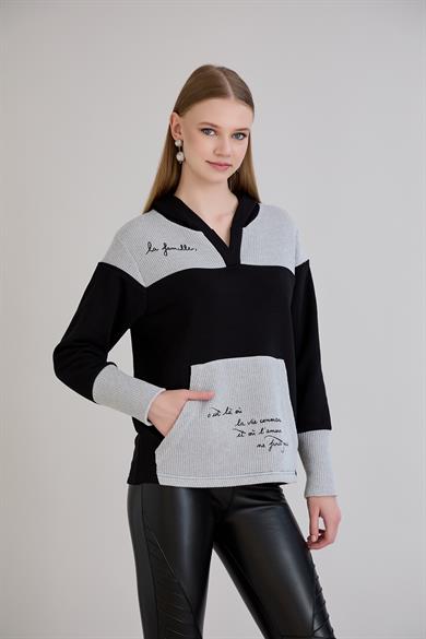 Kanguru Cepli Triko Garnili Sweatshirt Siyah