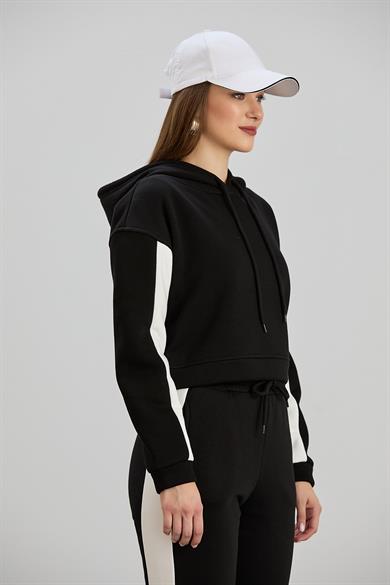 Kapşonlu Crop Sweat Takım Siyah