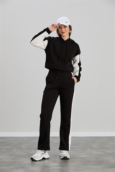 Kapşonlu Crop Sweat Takım Siyah