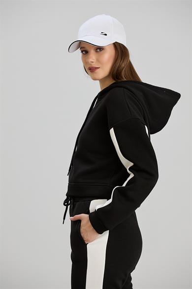 Kapşonlu Crop Sweat Takım Siyah