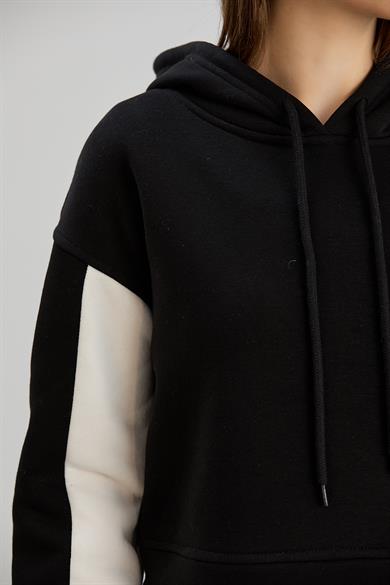 Kapşonlu Crop Sweat Takım Siyah