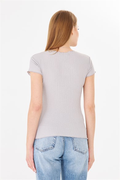 Karpuz Kollu Bürümcük Dokulu Fit Basic Tshirt Gri