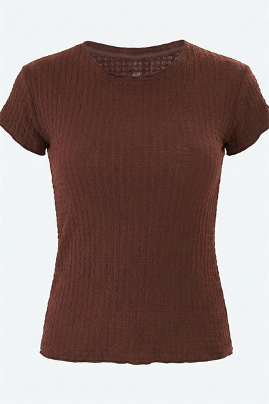 Karpuz Kollu Bürümcük Dokulu Fit Basic Tshirt Kahverengi