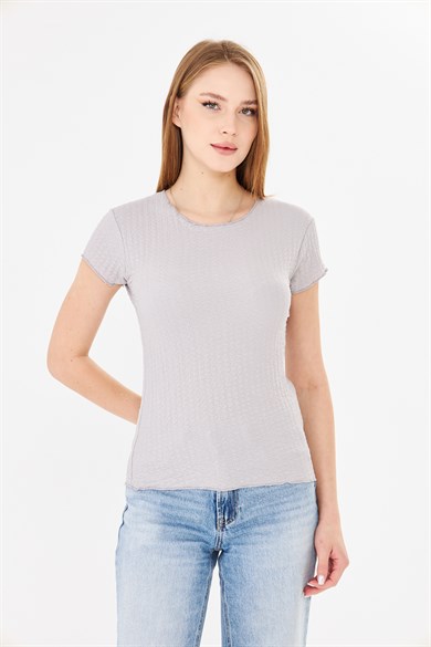 Karpuz Kollu Bürümcük Dokulu Fit Basic Tshirt Gri