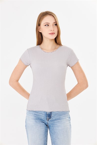 Karpuz Kollu Bürümcük Dokulu Fit Basic Tshirt Gri