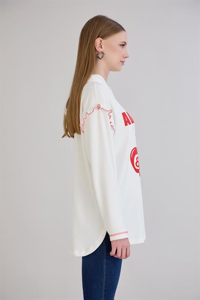 Kiraz Baskılı Kapşonlu Sweatshirt Ekru