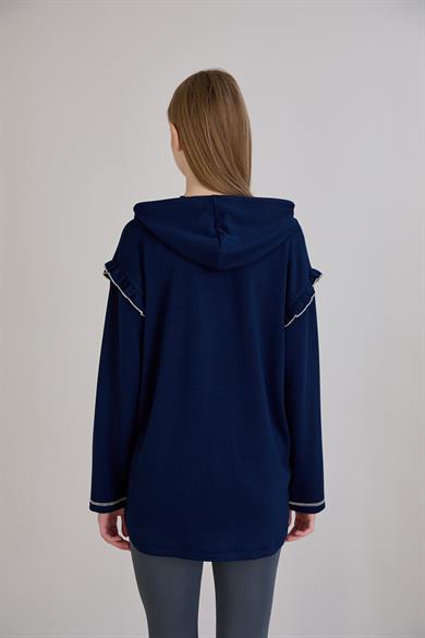 Kiraz Baskılı Kapşonlu Sweatshirt İndigo