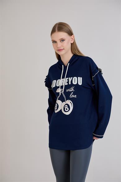 Kiraz Baskılı Kapşonlu Sweatshirt İndigo