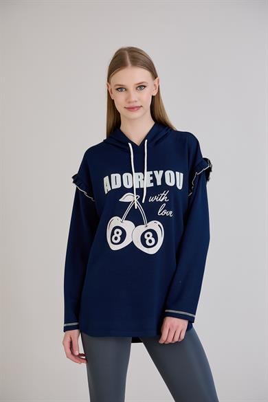 Kiraz Baskılı Kapşonlu Sweatshirt İndigo