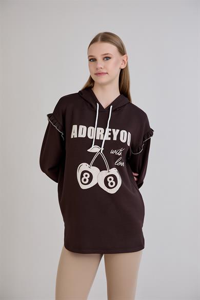 Kiraz Baskılı Kapşonlu Sweatshirt Kahverengi