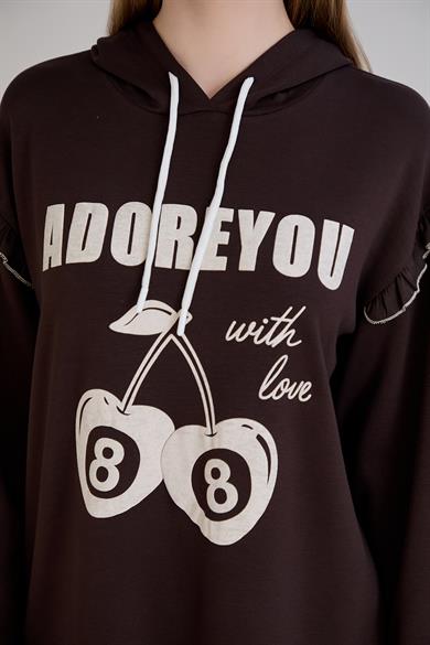 Kiraz Baskılı Kapşonlu Sweatshirt Kahverengi