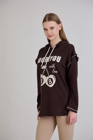 Kiraz Baskılı Kapşonlu Sweatshirt Kahverengi