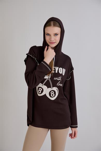 Kiraz Baskılı Kapşonlu Sweatshirt Kahverengi