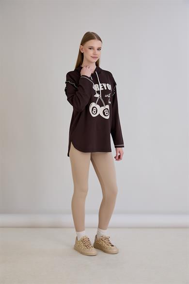 Kiraz Baskılı Kapşonlu Sweatshirt Kahverengi