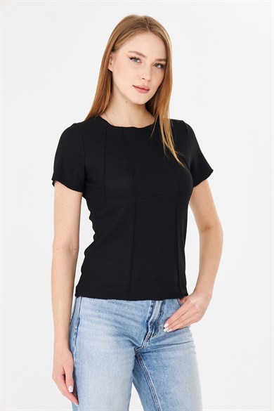 Korset Görünümlü Dikiş Detaylı Fitilli Basic Tshirt Siyah