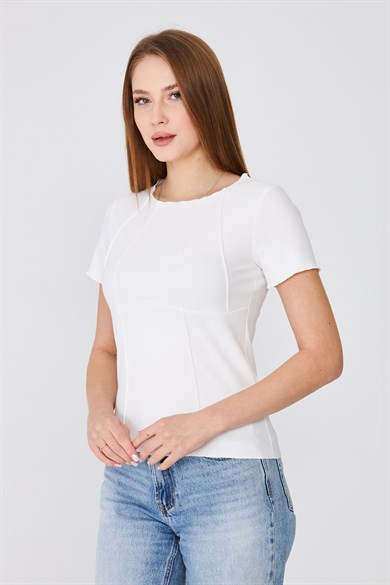 Korset Görünümlü Dikiş Detaylı Fitilli Basic Tshirt Beyaz