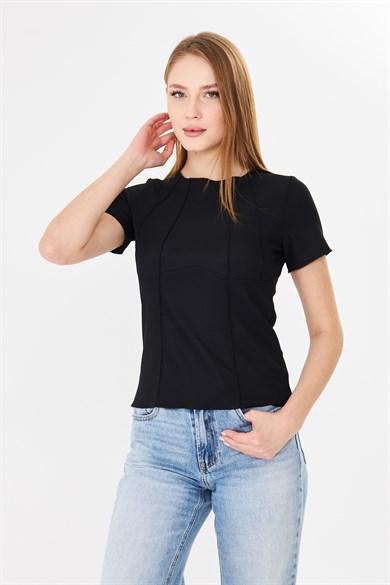 Korset Görünümlü Dikiş Detaylı Fitilli Basic Tshirt Siyah