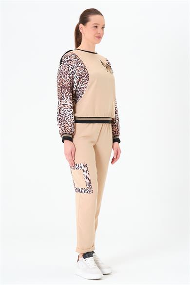 Leopar Garnili Gömlek ve Pantolon Takım Bej