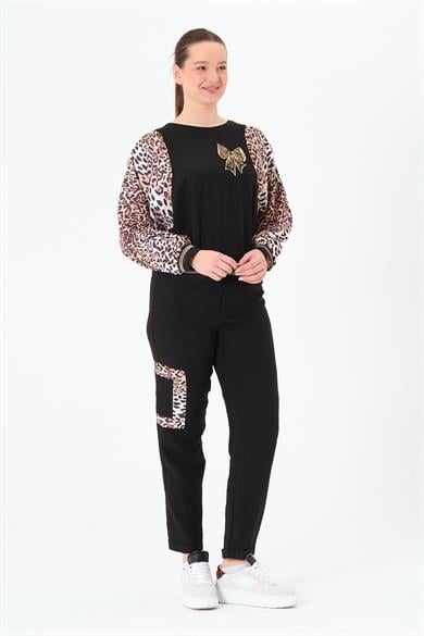 Leopar Garnili Gömlek ve Pantolon Takım Siyah