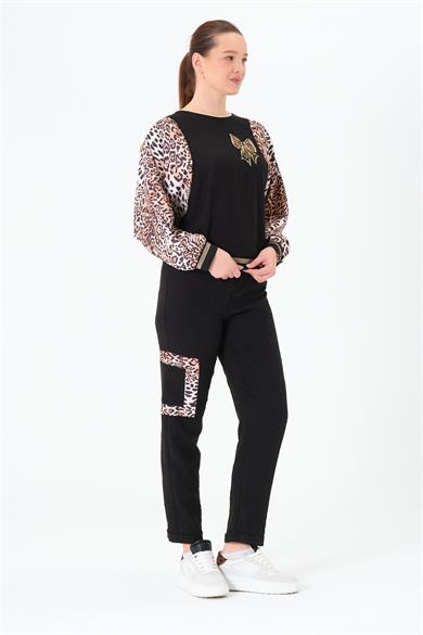 Leopar Garnili Gömlek ve Pantolon Takım Siyah