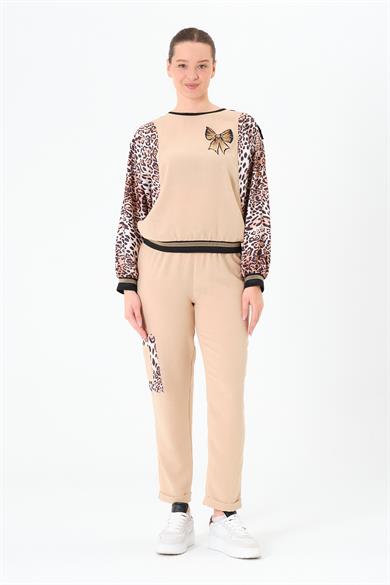 Leopar Garnili Gömlek ve Pantolon Takım Bej