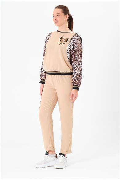 Leopar Garnili Gömlek ve Pantolon Takım Bej