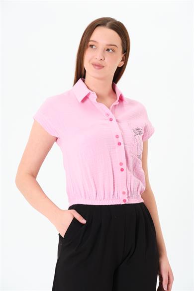 Müslin Cep Baskılı Cepli Gömlek Pembe
