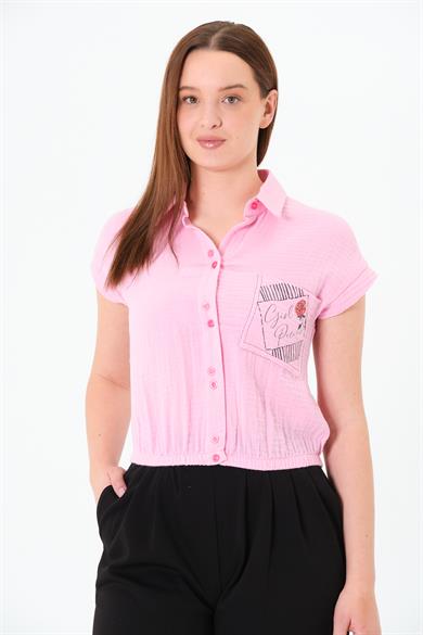 Müslin Cep Baskılı Cepli Gömlek Pembe